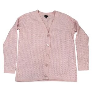 Talbots Woman 1X Pink Cable Knit Cardigan Sweater 100% Cotton V-Neck Preppy